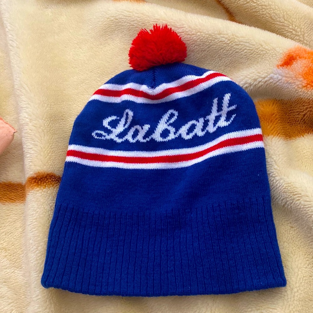 Labatt Beanie Red Pom Pom Winter Hat Blue Red White One Size Canadian Beer